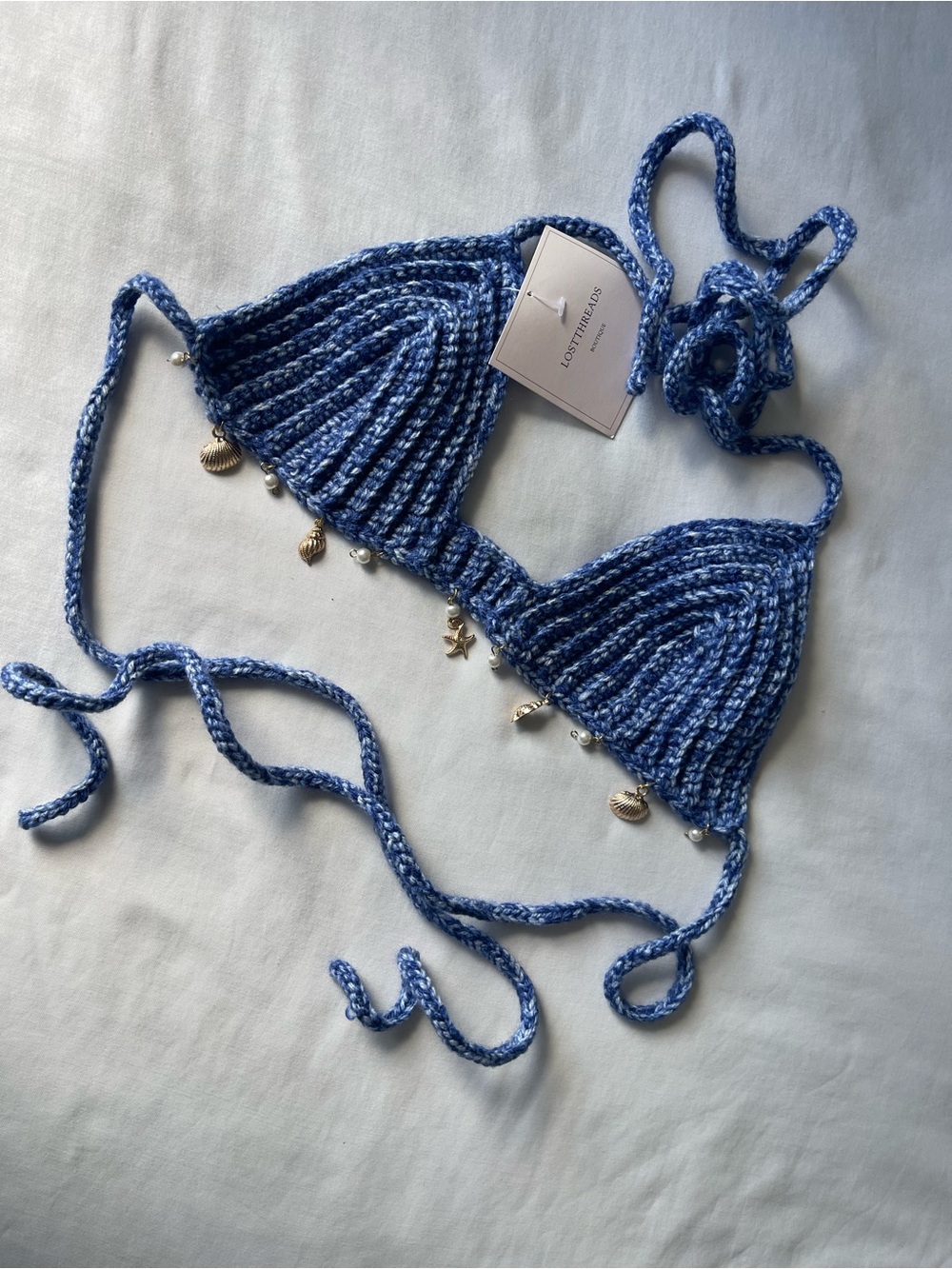 Blue Crochet Tie Bikini Top with Shell Charms